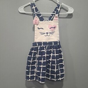 Kids Headquarters Girls Blue White Cat Face Jumper Dress Grid Print Size 6